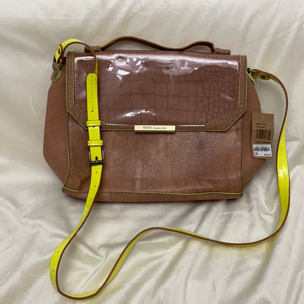 New Rachel Roy neon yellow and tan handbag